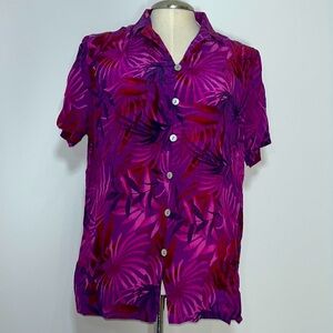 100% Silk Short Sleeve Floral Button Down Blouse Size L